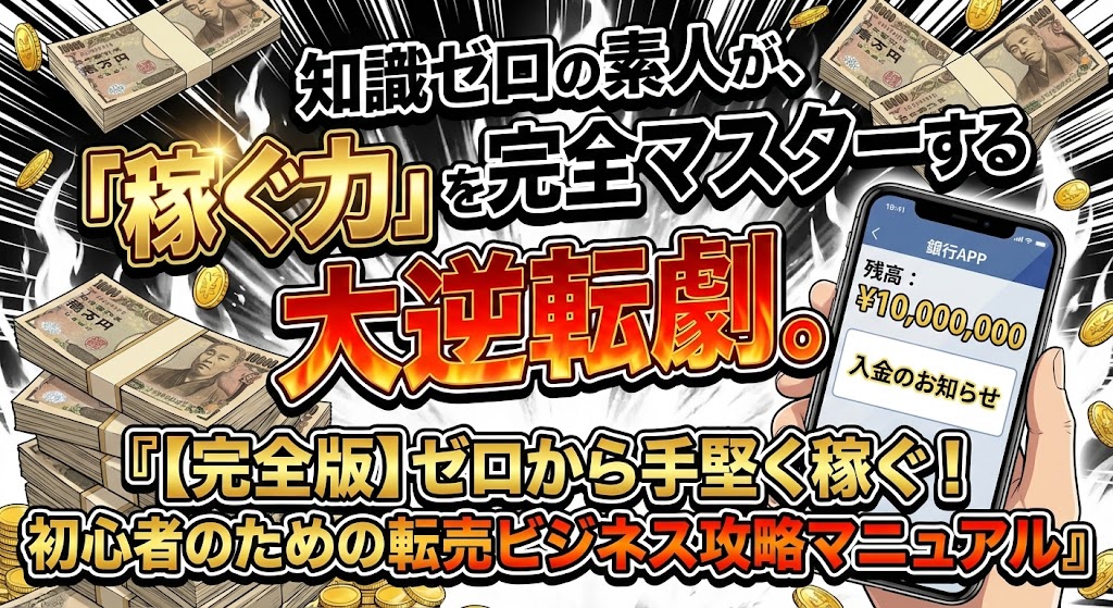 知識ゼロの素人が、「稼ぐ力」を完全マスターする大逆転劇。
『【完全版】ゼロから手堅く稼ぐ！初心者のための転売ビジネス攻略マニュアル』